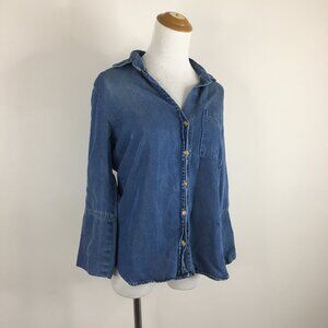 BELLA DAHL Anthropologie Blue Medium Wash Mini Dots Hi Low Chambray Button Shirt